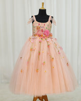 Net Princess Character Full-Length Gown with Hand-Worked Draped Sleeve & Detachable Bow- Peach(New)