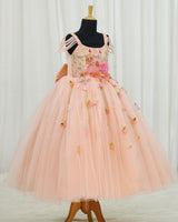Net Princess Character Full-Length Gown with Hand-Worked Draped Sleeve & Detachable Bow- Peach(New)