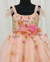 Net Princess Character Full-Length Gown with Hand-Worked Draped Sleeve & Detachable Bow- Peach(New)