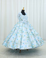 Embroidery Net Cap-Sleeve Floral Full-Length Panel Gown with Detachable Twirled Belt-Baby Blue(New)