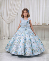 Embroidery Net Cap-Sleeve Floral Full-Length Panel Gown with Detachable Twirled Belt-Baby Blue(New)