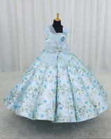 Embroidery Net Cap-Sleeve Floral Full-Length Panel Gown with Detachable Twirled Belt-Baby Blue(New)