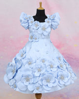 Crystal Satin Puff Sleeve 3D Floral Knee Length Frock - Baby Blue(New)