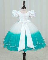 Net Puff-Sleeve Fantasy Aqua-Marine Full-Length Gown - White & Turquoise(New)(Bestseller)