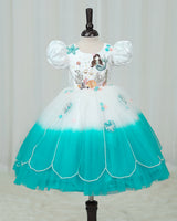 Net Puff-Sleeve Fantasy Aqua-Marine Full-Length Gown - White & Turquoise(New)(Bestseller)