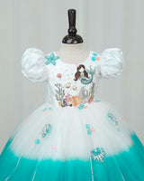 Net Puff-Sleeve Fantasy Aqua-Marine Full-Length Gown - White & Turquoise(New)(Bestseller)