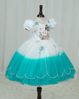 Net Puff-Sleeve Fantasy Aqua-Marine Full-Length Gown - White & Turquoise(New)(Bestseller)