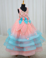 Net Sleeveless 3D Petal Floral Full-Length Gown - Flamingo Pink & Blue (New)