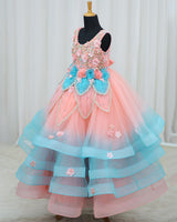 Net Sleeveless 3D Petal Floral Full-Length Gown - Flamingo Pink & Blue (New)