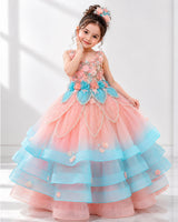 Net Sleeveless 3D Petal Floral Full-Length Gown - Flamingo Pink & Blue (New)