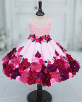 Glitter Net Cap-Sleeve Paneled Floral Full-Length Gown with Detachable Bow-Baby Pink (New)