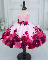 Glitter Net Cap-Sleeve Paneled Floral Full-Length Gown with Detachable Bow-Baby Pink (New)
