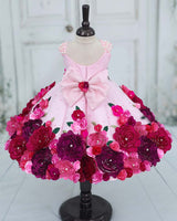 Glitter Net Cap-Sleeve Paneled Floral Full-Length Gown with Detachable Bow-Baby Pink (New)