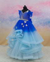 Net Draped-Sleeve Asymmetrical Layered Butterfly Full-Length Gown - Royal & Icy Blue (New)