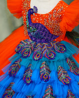 Net Frill-Sleeve Peacock-Themed Full-Length Gown - Deep Orange (Trail is a paid add-on) (New)