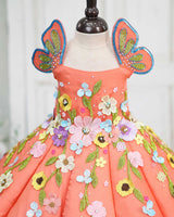 Satin Sleeveless Panelled Butterfly and Floral Full-Length Gown - Peach (New)
