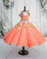 Satin Sleeveless Panelled Butterfly and Floral Full-Length Gown - Peach (New)