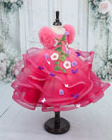Net Frill Ball Sleeve Swirl Layered Floral Full Gown - Dark Rose Pink & Rubine Red (New)