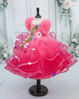 Net Frill Ball Sleeve Swirl Layered Floral Full Gown - Dark Rose Pink & Rubine Red (New)