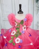 Net Frill Ball Sleeve Swirl Layered Floral Full Gown - Dark Rose Pink & Rubine Red (New)
