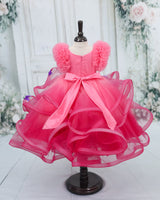 Net Frill Ball Sleeve Swirl Layered Floral Full Gown - Dark Rose Pink & Rubine Red (New)