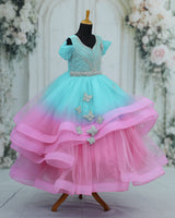 Net Draped-Sleeve Asymmetrical Layered Butterfly Full-Length Gown - Pale Aqua Blue & Blush Pink (New)