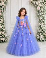 Net Sleeveless Princess Character Full-Length Gown with Sleeve Trails & Detachable Bow with Name- Saphire Blue(New)