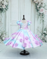 Crystal Satin puff-Sleeve Paneled Floral Full-Length Gown with floral yoke-Cotton Candy (New)