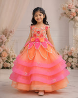 Net Sleeveless 3D Petal Floral Full-Length Gown - Peach Bud & Rose Pink (New)