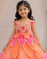 Net Sleeveless 3D Petal Floral Full-Length Gown - Peach Bud & Rose Pink (New)