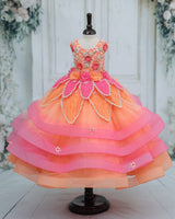 Net Sleeveless 3D Petal Floral Full-Length Gown - Peach Bud & Rose Pink (New)