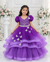 Dark Purple Lavender Net Satin Butterfly Layered Gown for Baby Girl
