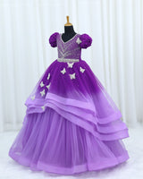 Net Puff Sleeve Asymmetrical Layered Butterfly Full-Length Gown - Dark Purple & Lavender (New)