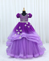 Net Puff Sleeve Asymmetrical Layered Butterfly Full-Length Gown - Dark Purple & Lavender (New)