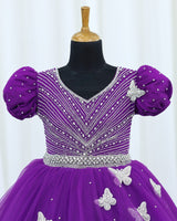 Net Puff Sleeve Asymmetrical Layered Butterfly Full-Length Gown - Dark Purple & Lavender (New)