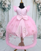 Net Frill Sleeve Leaf & Flower Embroidery Floral Knee Length Gown - Light Baby Pink (New)