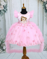 Net Frill Sleeve Leaf & Flower Embroidery Floral Knee Length Gown - Light Baby Pink (New)
