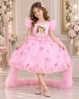 Net Frill Sleeve Fairy Floral Knee-Length Gown for Baby Girl in Light Baby Pink (New)