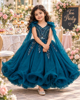 Organza Sleeveless Bead Sequin Full-Length Gown for Baby Girl in Dark Teal Blue(New)
