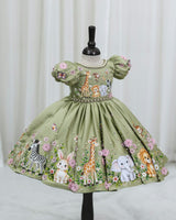 Satin Puff Sleeve Jungle Themed Umbrella Full-Length Gown for Baby Girl in Pale Olive (New)