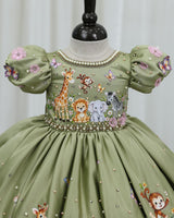 Satin Puff Sleeve Jungle Themed Umbrella Full-Length Gown for Baby Girl in Pale Olive (New)