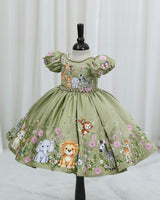 Satin Puff Sleeve Jungle Themed Umbrella Full-Length Gown for Baby Girl in Pale Olive (New)