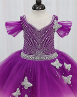 Net Draped-Sleeve Asymmetrical Layered Butterfly Full-Length Gown for Baby Girl- Purple & Blush Pink (New)