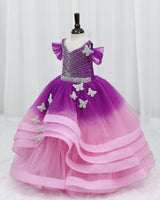 Net Draped-Sleeve Asymmetrical Layered Butterfly Full-Length Gown for Baby Girl- Purple & Blush Pink (New)