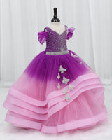 Net Draped-Sleeve Asymmetrical Layered Butterfly Full-Length Gown for Baby Girl- Purple & Blush Pink (New)