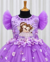 Net Frill Sleeve Fairy Floral Full-Length Gown for Baby Girl in Lavender (New)