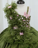 Wedding Satin Sleeveless Teddy Bear Print and 3D Petal Flower Full-Length Gown for Girl in Terrarium Moss (New)