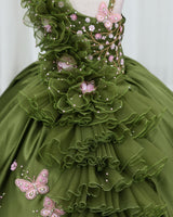Wedding Satin Sleeveless Teddy Bear Print and 3D Petal Flower Full-Length Gown for Girl in Terrarium Moss (New)