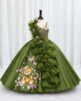 Wedding Satin Sleeveless Teddy Bear Print and 3D Petal Flower Full-Length Gown for Girl in Terrarium Moss (New)