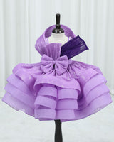 Dyeable Sequence Georgette and Soft Organza Sleeveless Full-Length Gown with Twirled Detachable Belt with Bow for Girl in Lavender (New)
